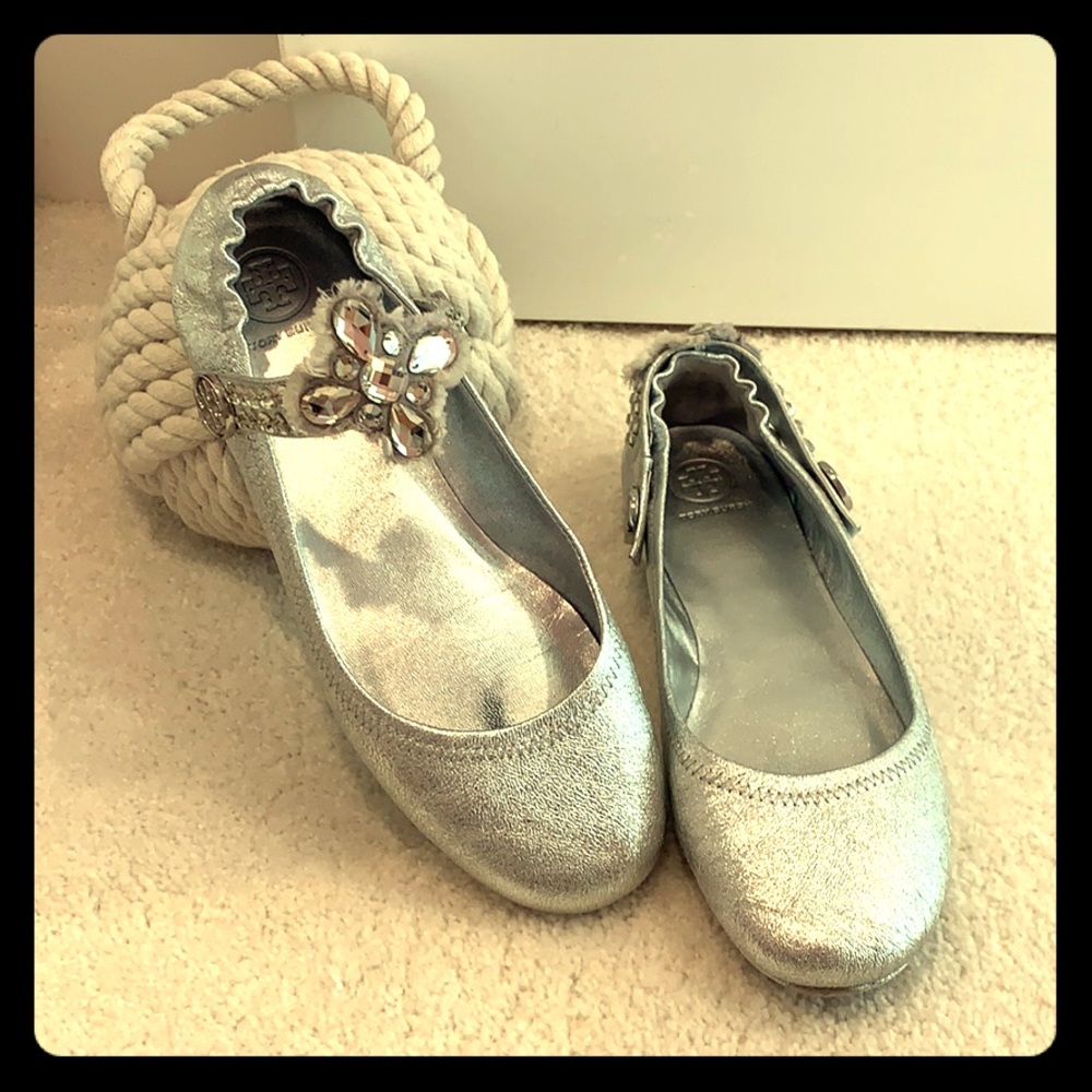 Tory Burch Silver Ballet Flats with Decorative Flower Strap